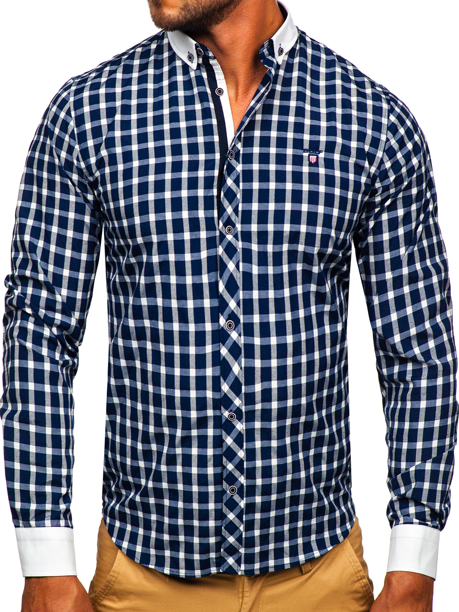 Camisa a cuadros manga larga para hombre azul oscuro Bolf AZUL