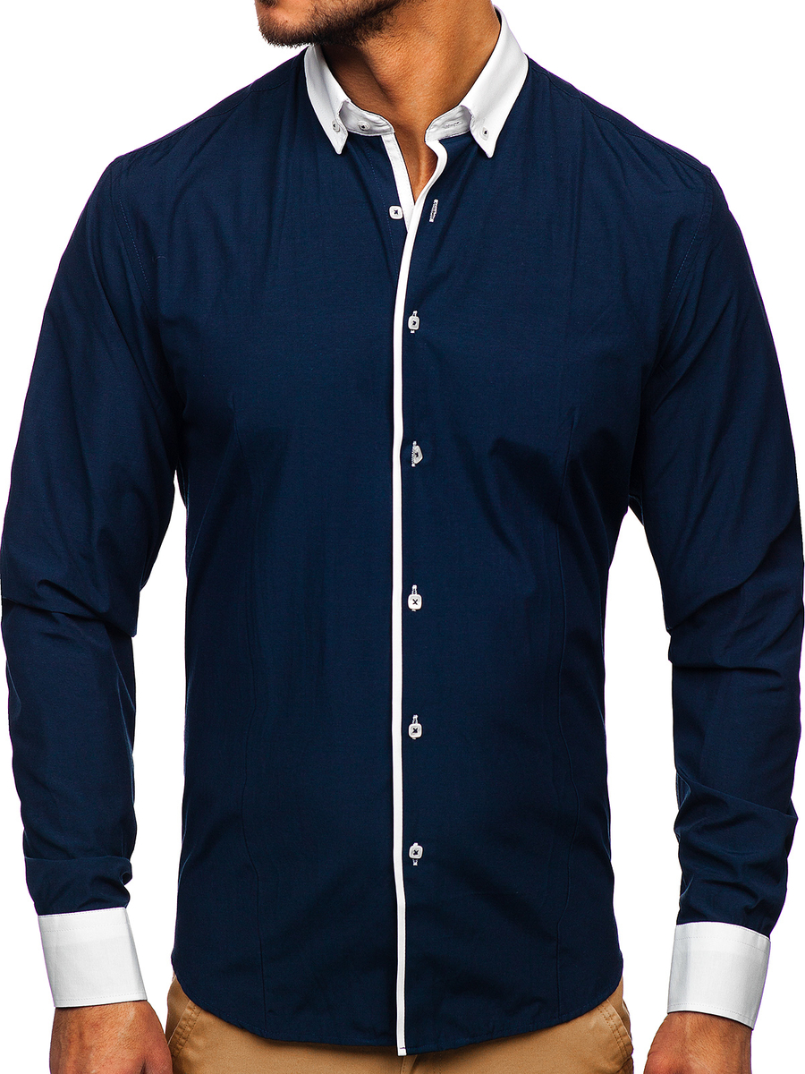 Monumental Buzo agujero Camisa elegante a manga larga para hombre color azul oscuro Bolf 2782 AZUL  OSCURO