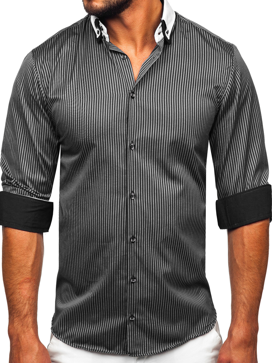 Camisa elegante con manga para hombre color negro Bolf 0909