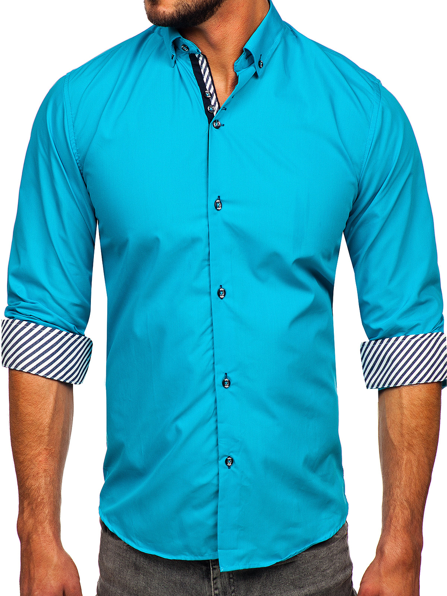 Camisa elegante de manga larga para hombre azul turquesa 5796-1 TURQUESA