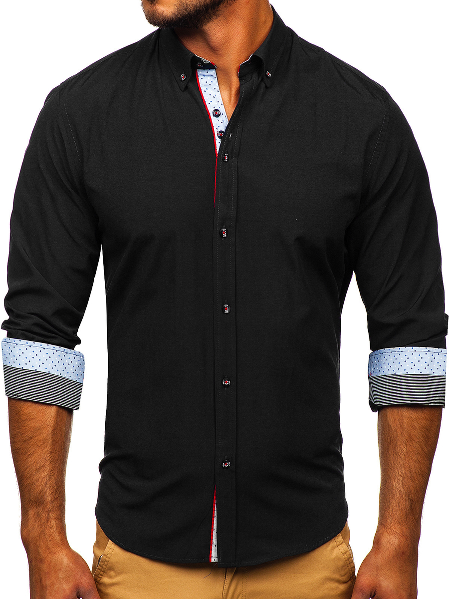 Camisa elegante de manga hombre negra 8839 NEGRO