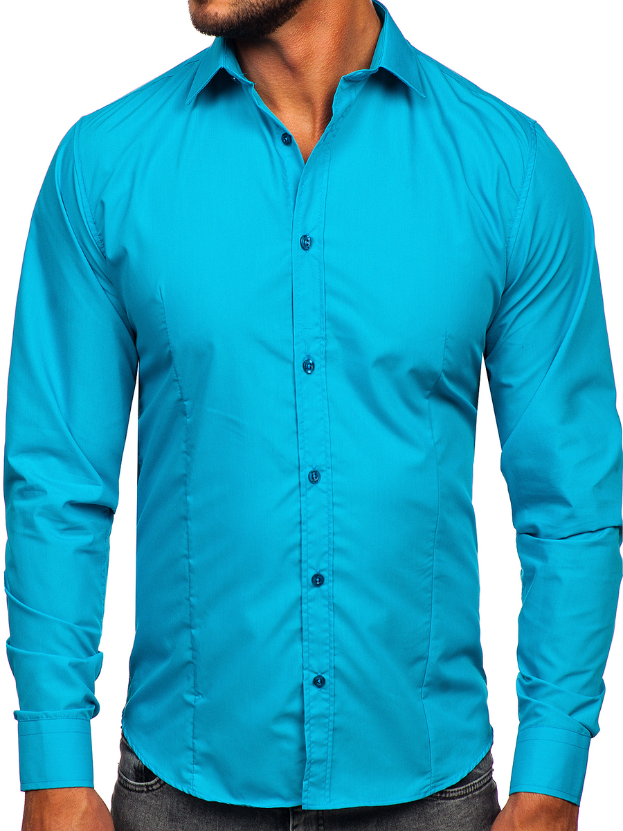 Camisa elegante manga larga para hombre turquesa claro Bolf JASNY TURKUSOWY