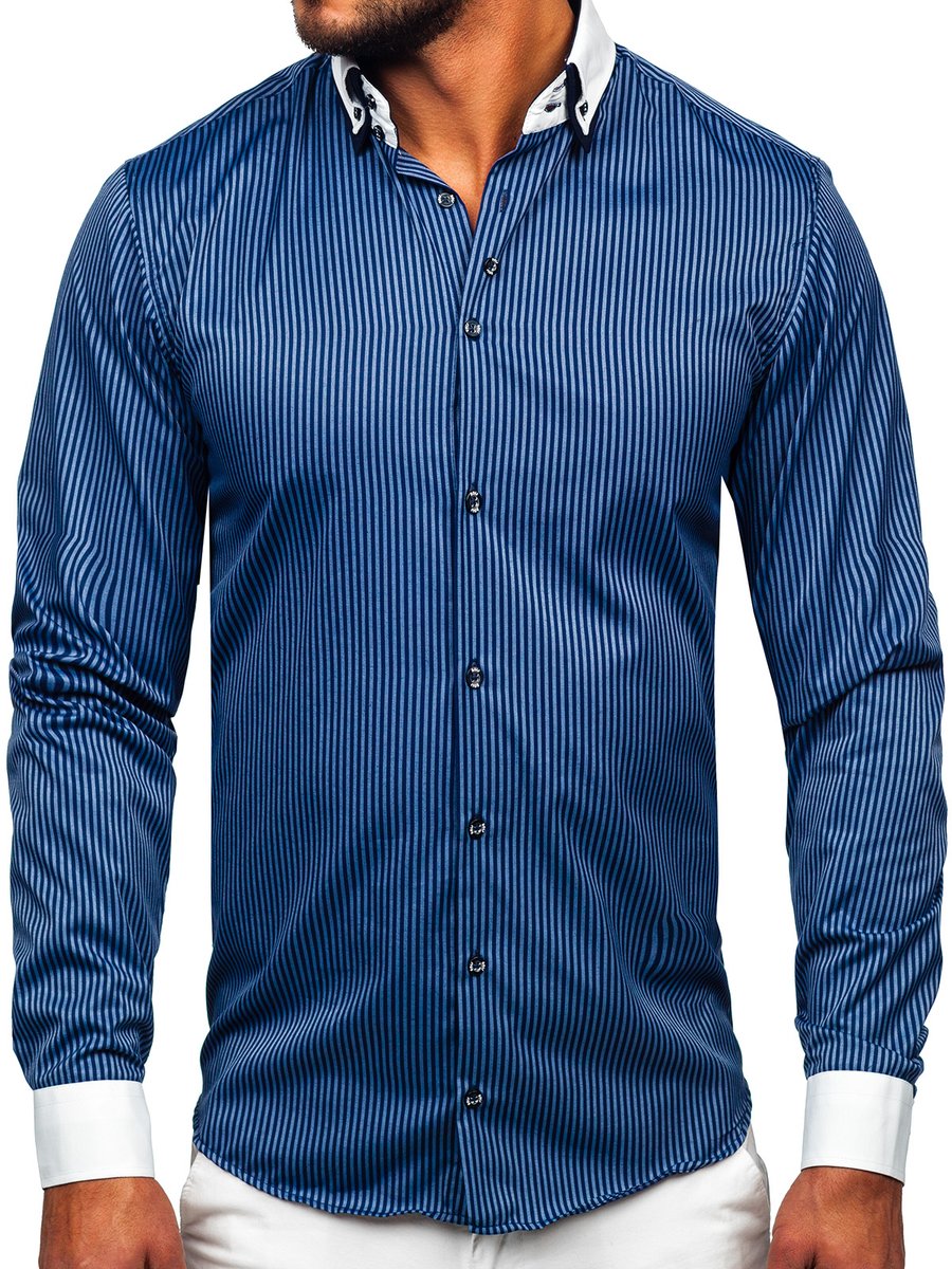 Camisa elegante rayas de manga larga para hombre azul oscuro 0909 OSCURO