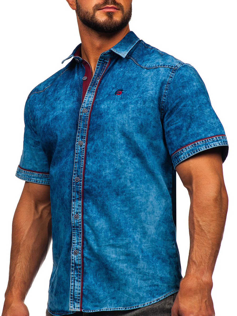 Colonial Descompostura diseñador Camisa vaquera de manga corta para hombre azul Bolf 19640