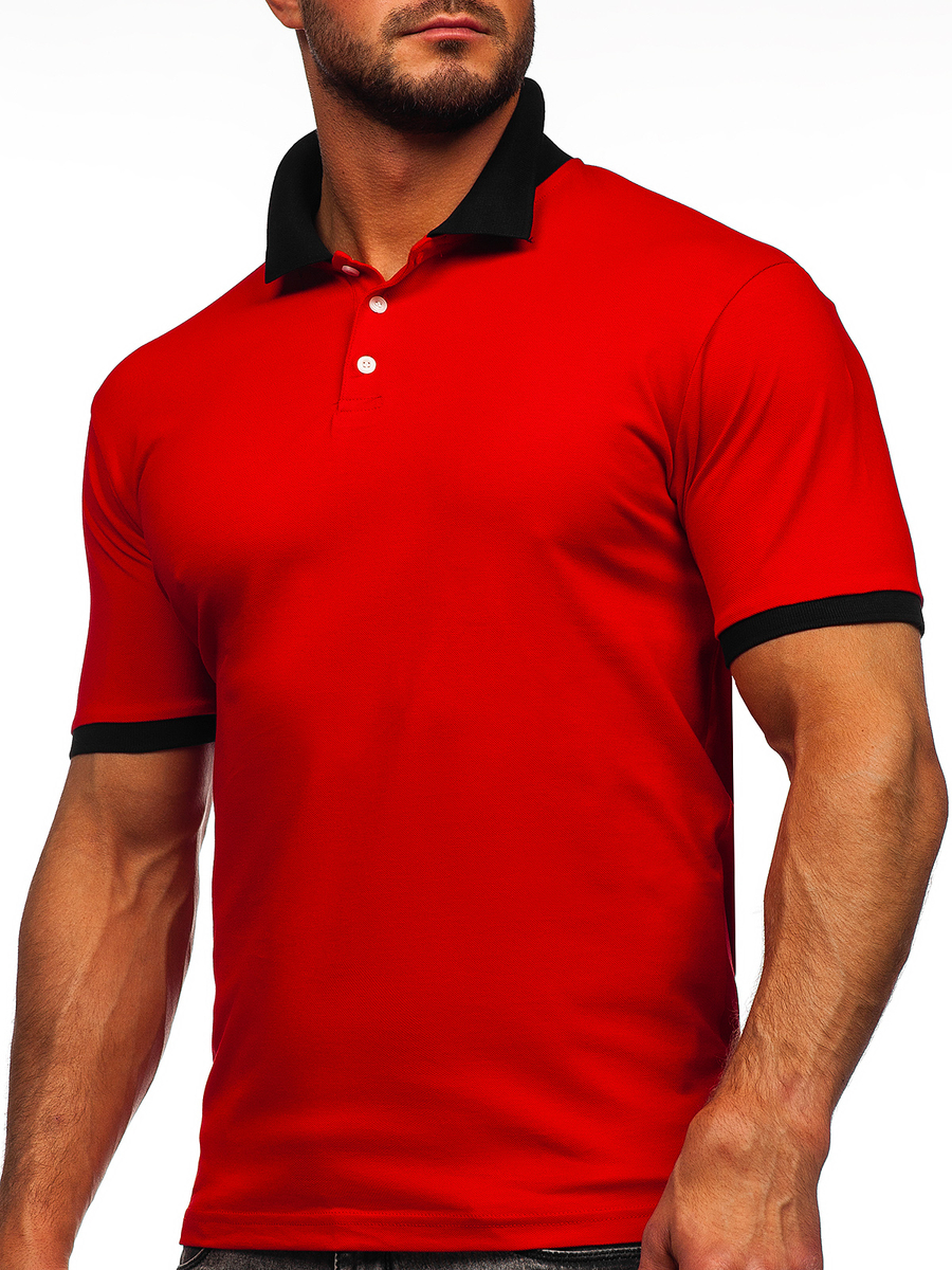 Camisa Polo Manga Corta Negro Rojo Cuello Neru Botones con Ribete Hombre