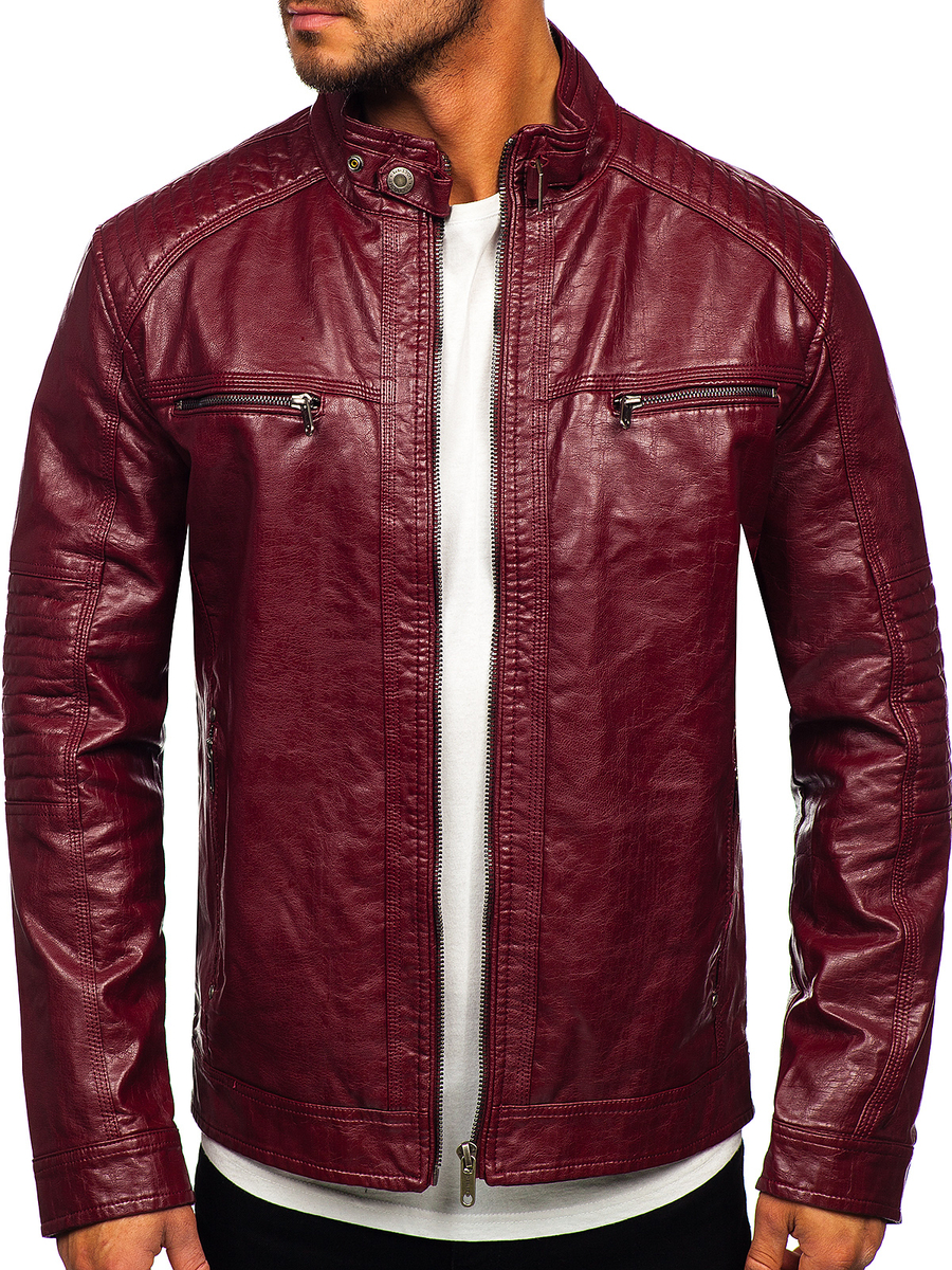 Cazadora biker de piel para hombre color burdeos Bolf 2002 ROJO