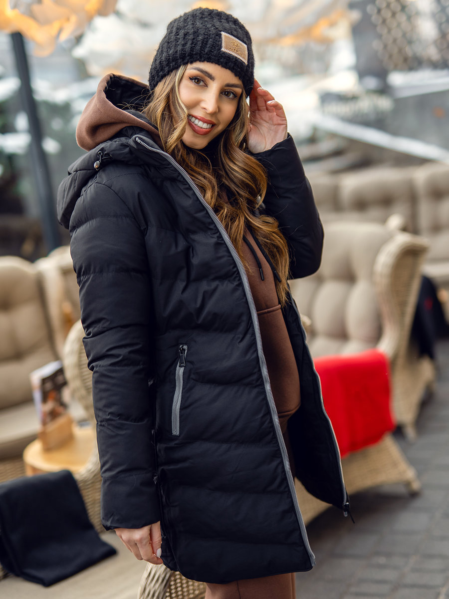 Chaqueta acolchada larga abrigo de invierno con capucha para mujer negro  Bolf 7086A