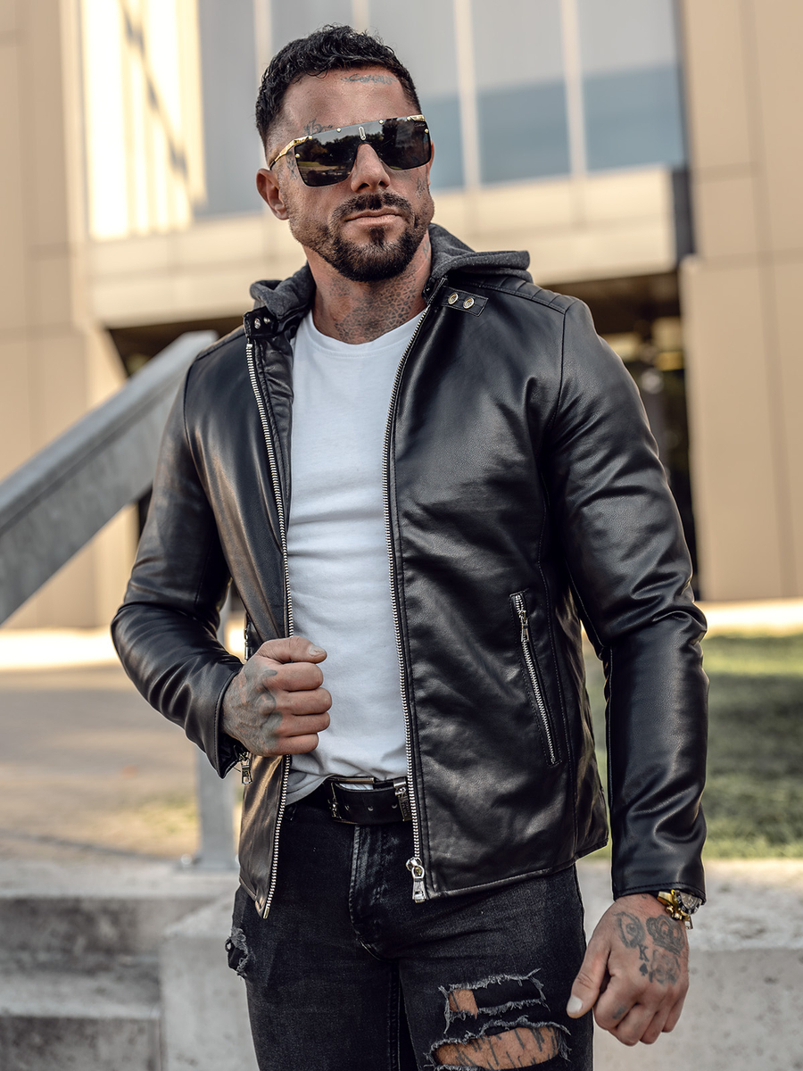 Chaqueta ramonera de cuero con capucha biker para hombre negro Bolf 11Z8005