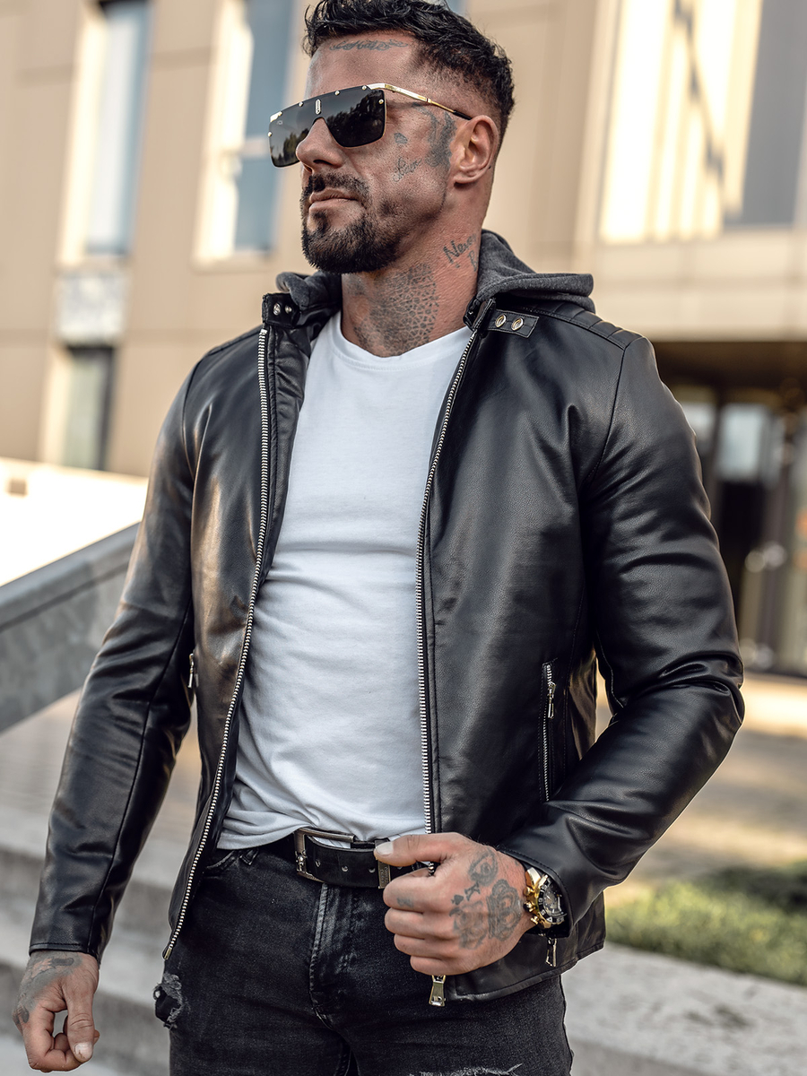 Chaqueta ramonera de cuero con capucha biker para hombre negro Bolf 11Z8005