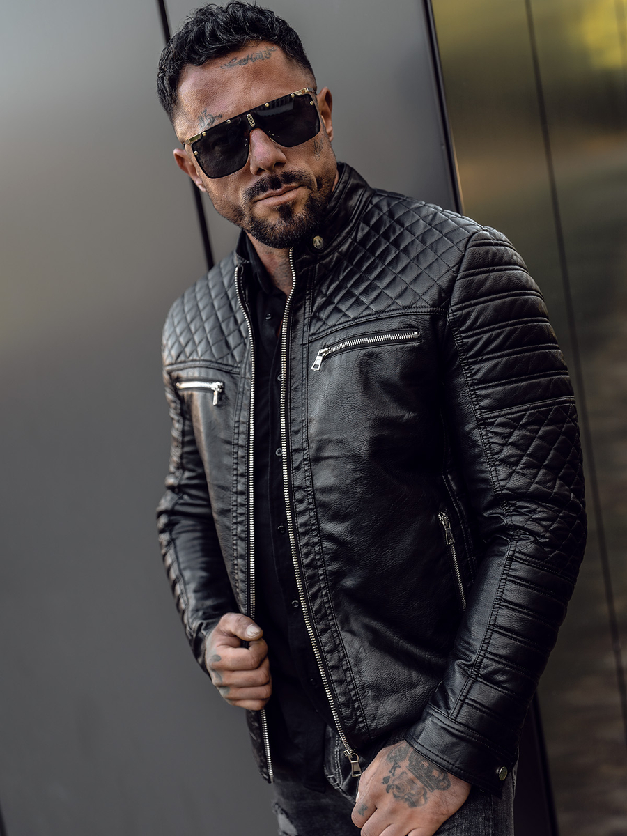 patio Suyo lona Chaqueta biker de cuero para hombre negro Bolf 11Z8002