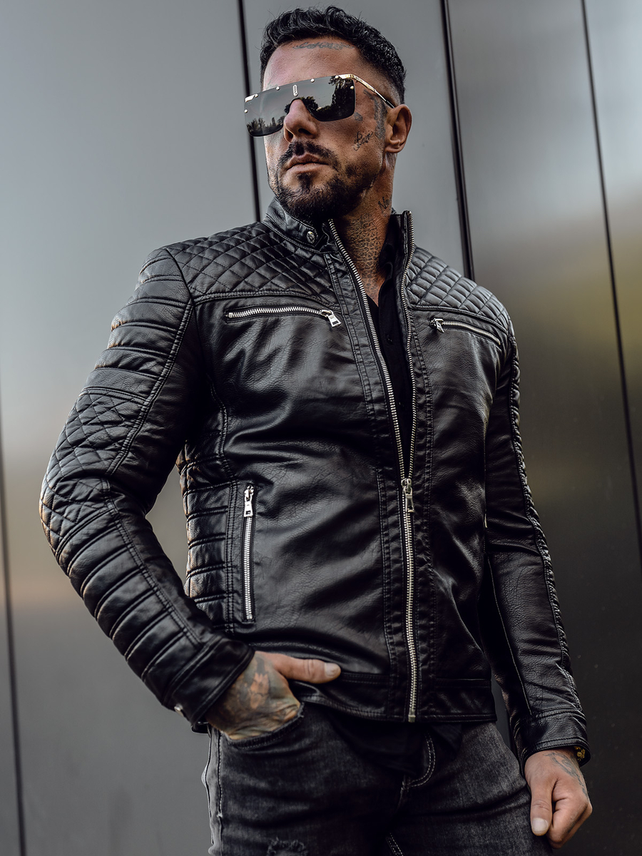 patio Suyo lona Chaqueta biker de cuero para hombre negro Bolf 11Z8002