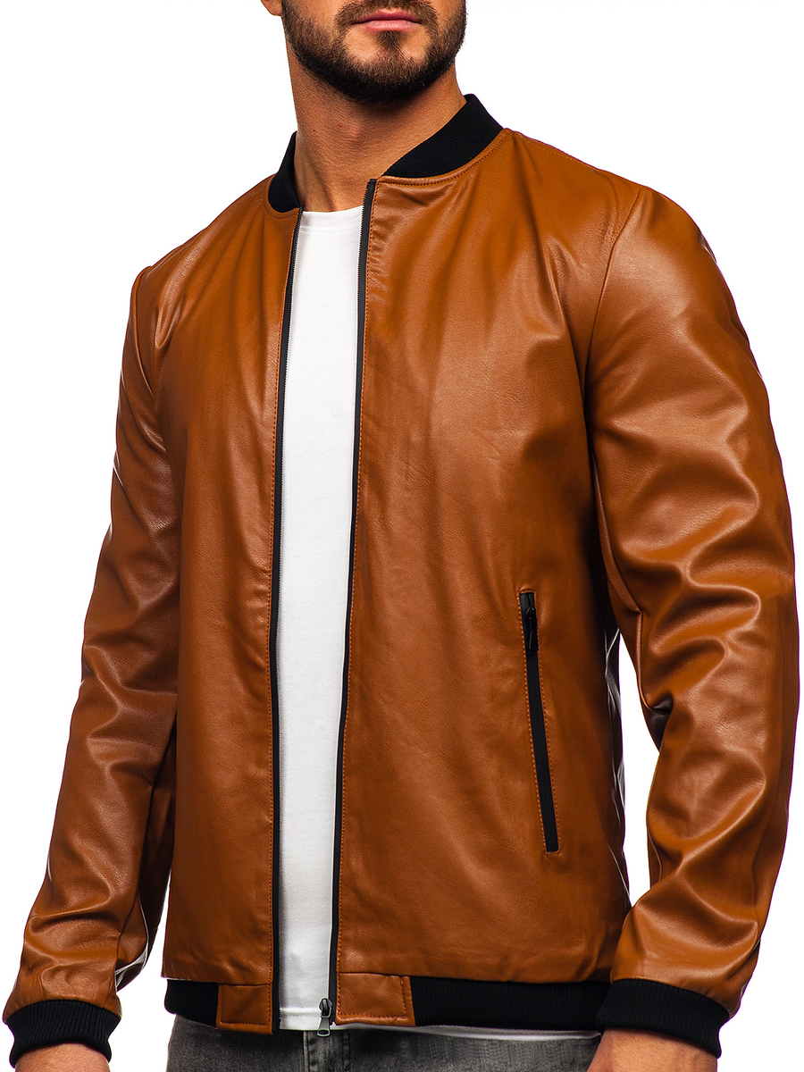 Chaqueta bomber marrón de cuero genuino para hombre – Plain