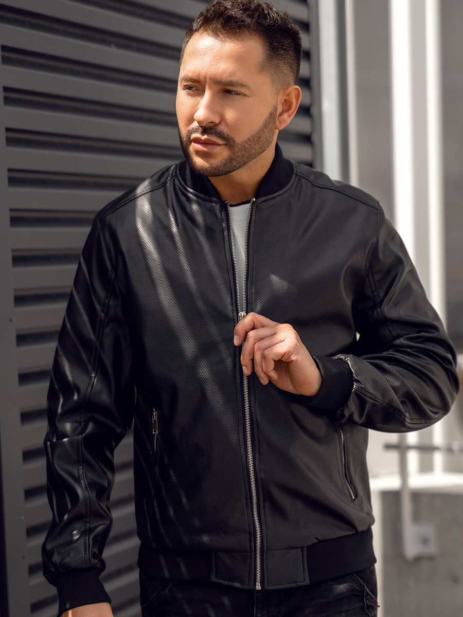 Chaqueta bomber de cuero para hombre Bolf NEGRO