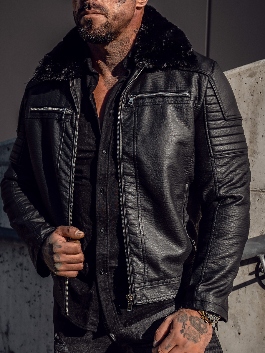 Chaqueta de cuero con pelo para negro Bolf 11Z8013