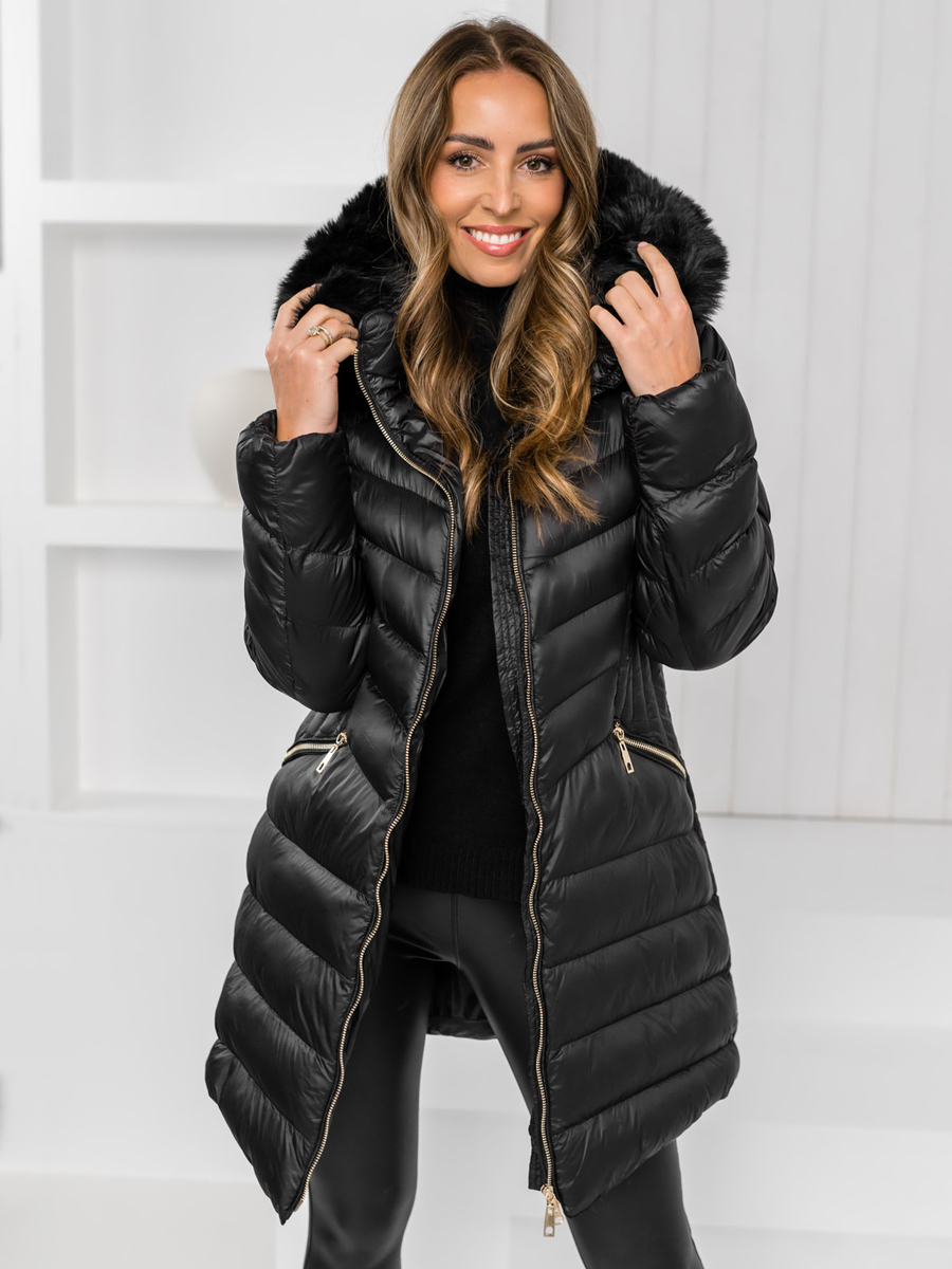 Chaqueta larga acolchada abrigo de invierno con capucha para mujer negro  Bolf 5M3162