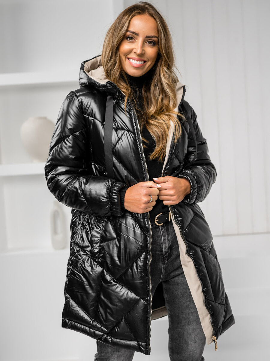 Chaqueta larga acolchada abrigo de invierno con pelo natural para mujer  negro Bolf M688 NEGRO