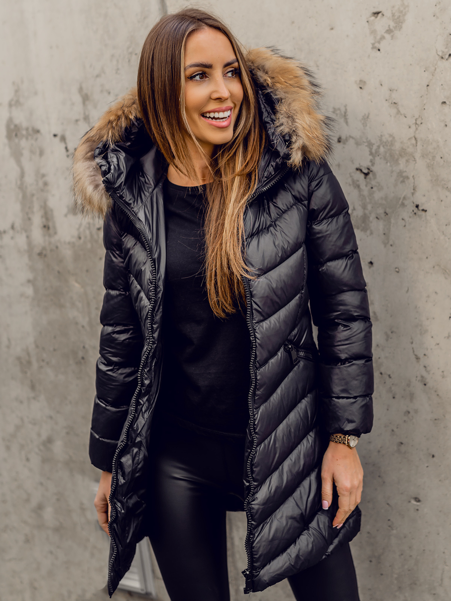 Chaqueta larga acolchada abrigo de invierno con pelo natural para mujer  negro Bolf M688