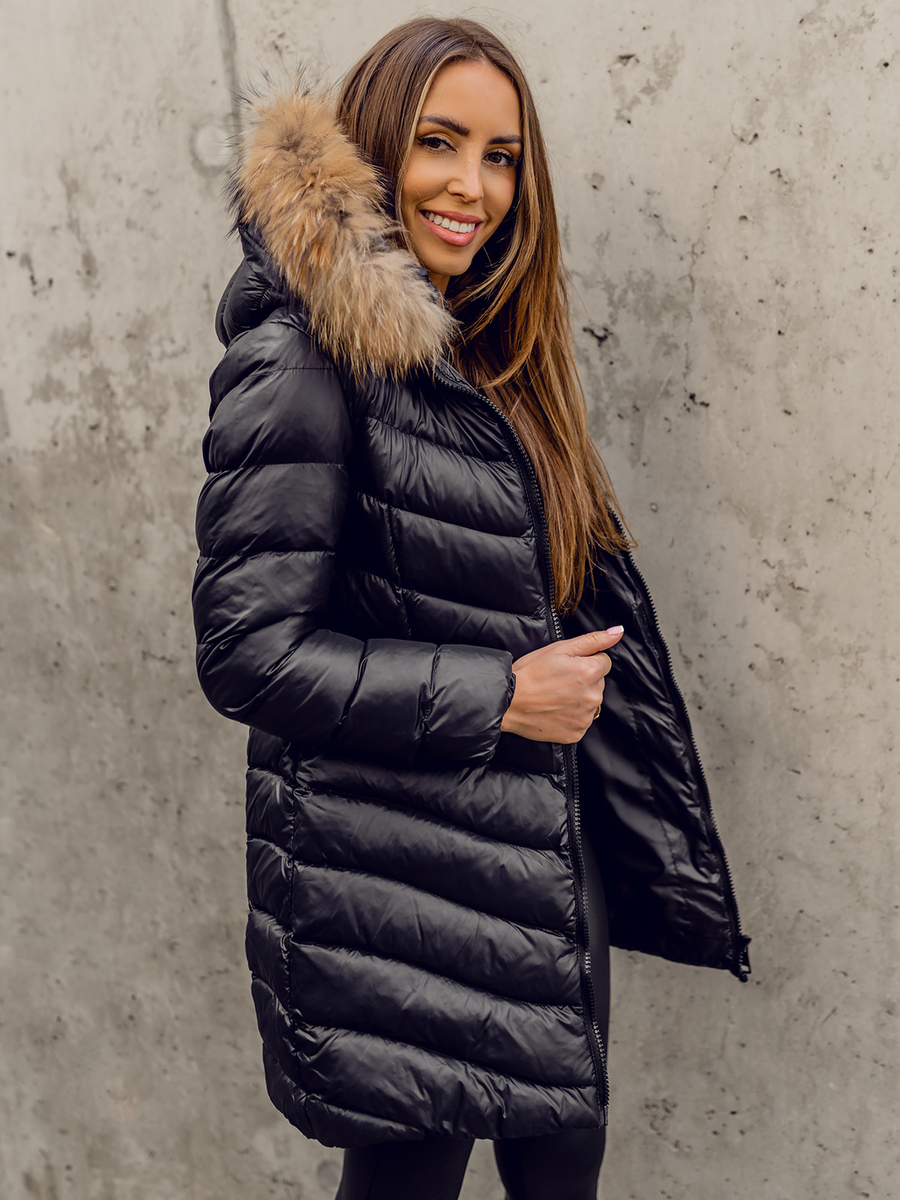 Chaqueta larga acolchada abrigo de invierno con pelo natural para mujer  negro Bolf M688