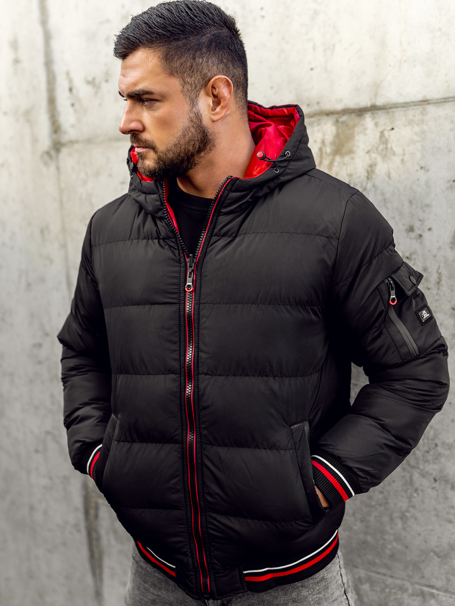 Chaqueta reversible acolchada de invierno para hombre negro y rojo