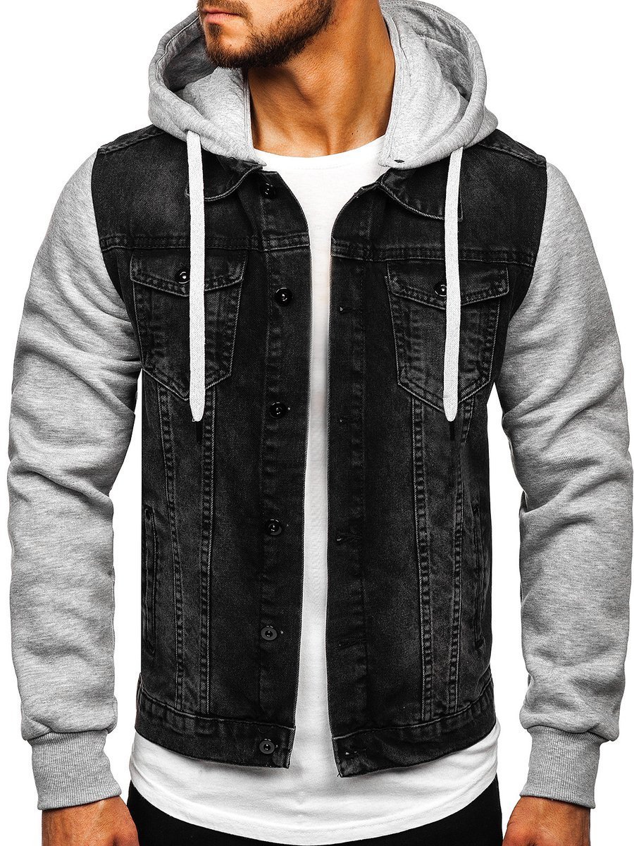 Chaqueta vaquera de algodón negro con estilo para hombre (mediana), Negro 