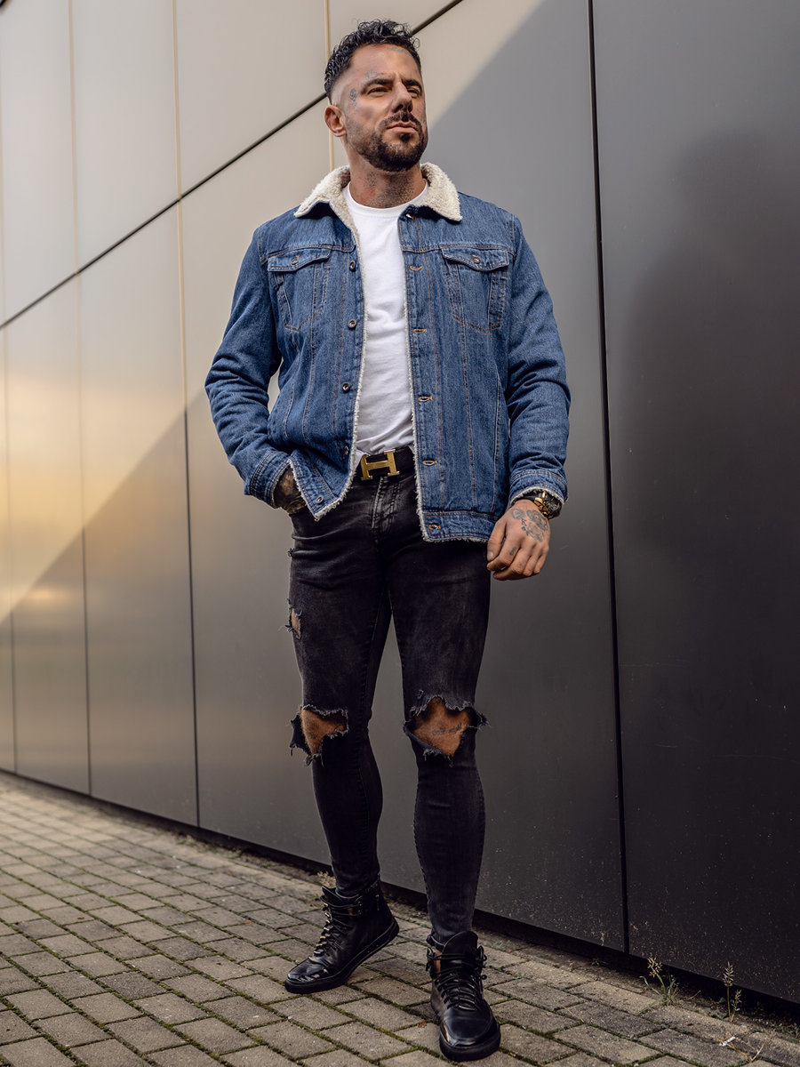 Chaqueta vaquera forrada con borrego tipo trucker para hombre azul oscuro Bolf 1109A