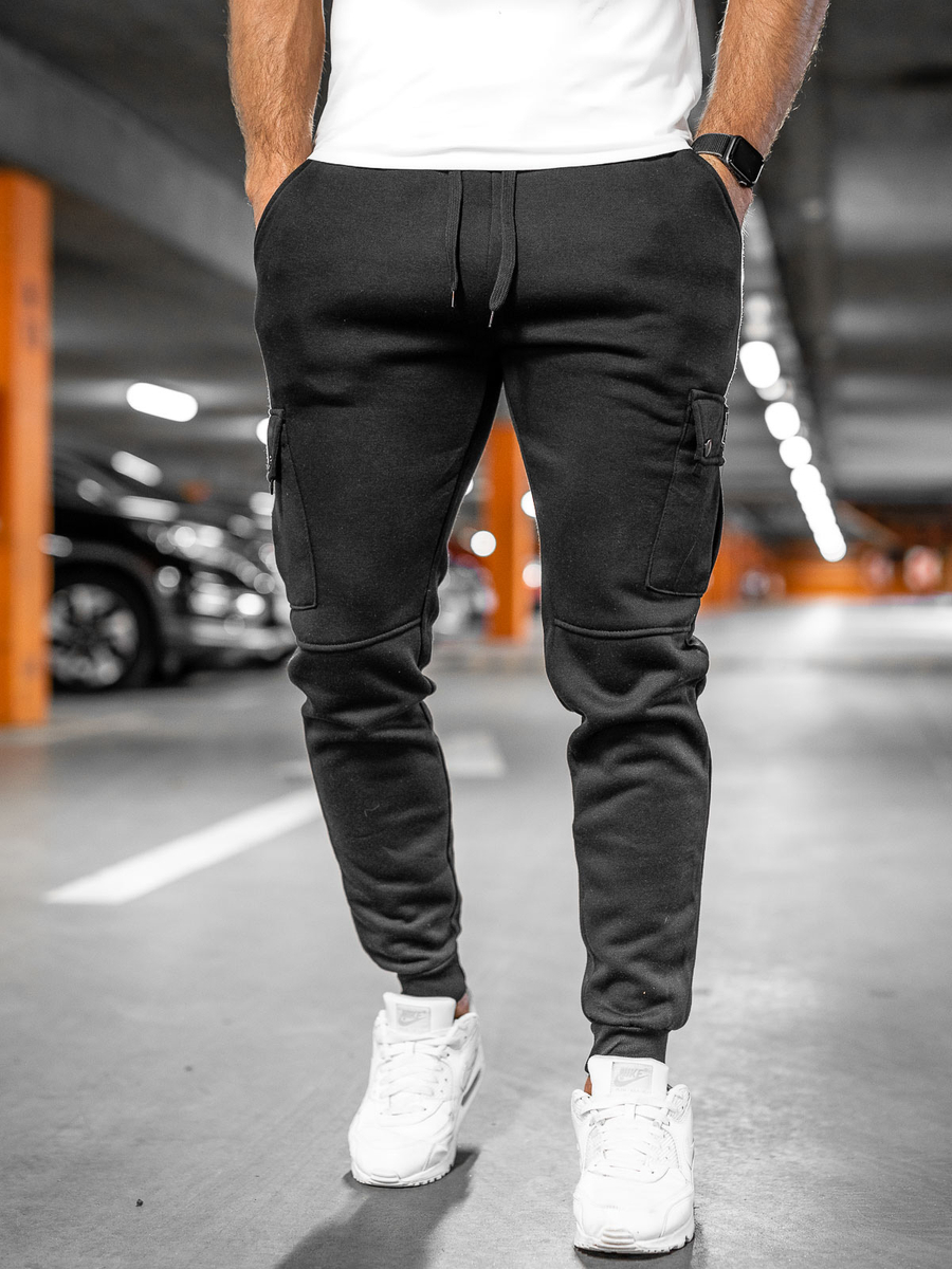  Pantalones de chándal tipo cargo para hombre, pantalones de chándal  ajustados con bolsillos y parte inferior elástica para hombre, Negro - :  Ropa, Zapatos y Joyería