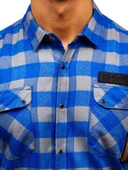 Camisa de flanela de manga larga para hombre azul y gris Bolf 2503