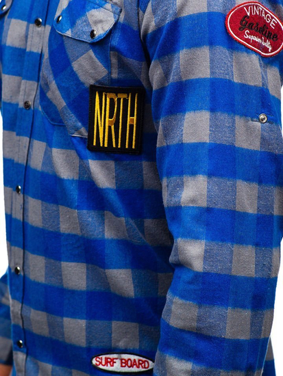 Camisa de flanela de manga larga para hombre azul y gris Bolf 2503