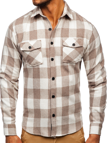Camisa de franela a manga larga para hombre color beige Bolf 20723