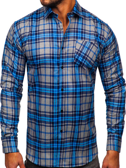 Camisa de franela a rayas a manga larga para hombre color azul Bolf F1