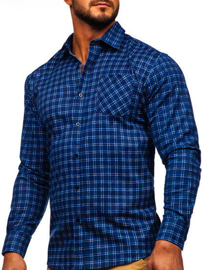 Camisa de franela a rayas a manga larga para hombre color azul Bolf F8-2