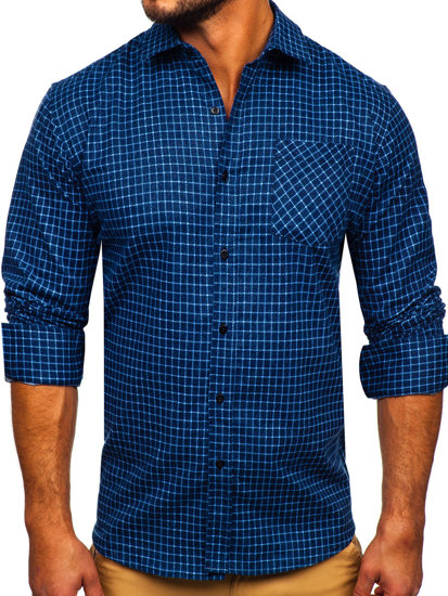 Camisa de franela a rayas a manga larga para hombre color azul oscuro Bolf F8-2