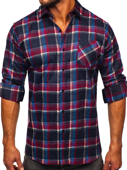 Camisa de franela a rayas a manga larga para hombre color rojo Bolf F2