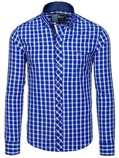 Camisa de hombre elegante a cuadros con mangas largas azul real Bolf 4747