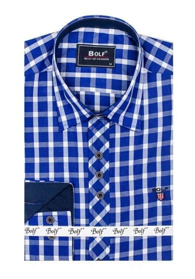 Camisa de hombre elegante a cuadros con mangas largas azul real Bolf 4747