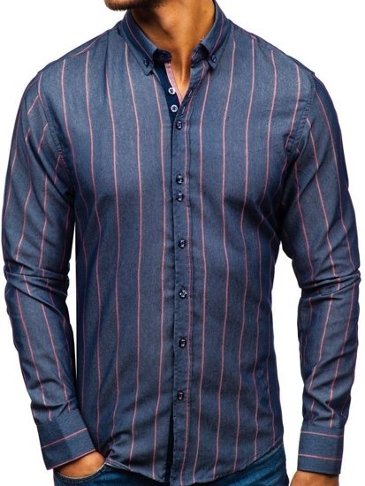 Camisa de rayas de manga larga para hombre azul oscuro Bolf 8837