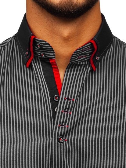 Camisa de rayas de manga larga para hombre  negro Bolf 2751