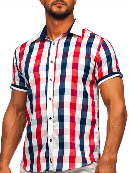 Camisa elegante a cuadros de manga corta para hombre rojo Bolf 8901