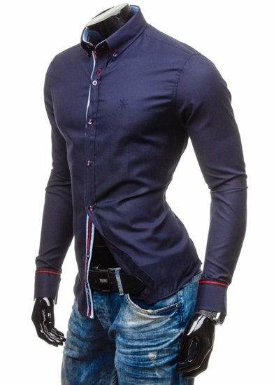 Camisa elegante con manga larga para hombre color azul oscuro Bolf 5801