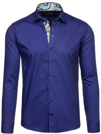 Camisa elegante con manga larga para hombre color azul oscuro Bolf 9983