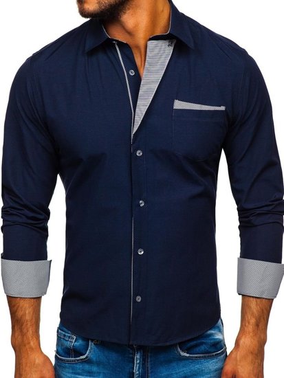 Camisa elegante de manga larga azul oscuro para hombre Bolf 4713