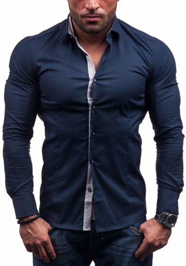 Camisa elegante de manga larga azul oscuro para hombre Bolf 7185