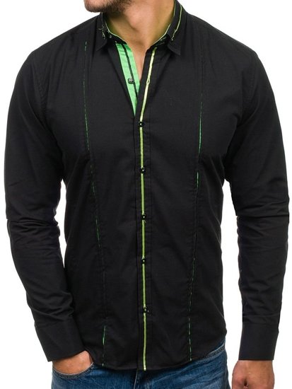 Camisa elegante de manga larga negra y verde para hombre Bolf 2964