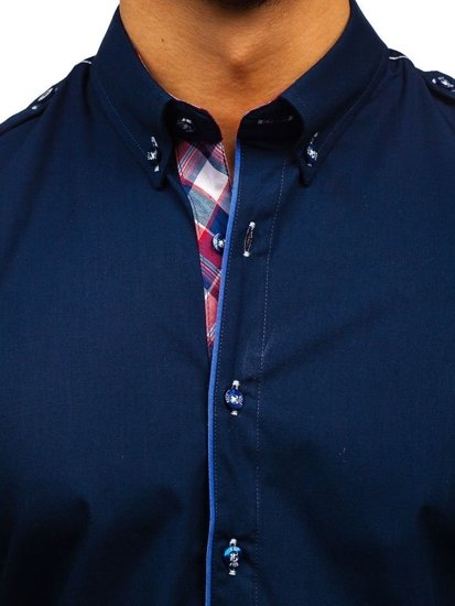 Camisa elegante de manga larga para hombre azul oscuro Bolf 1758