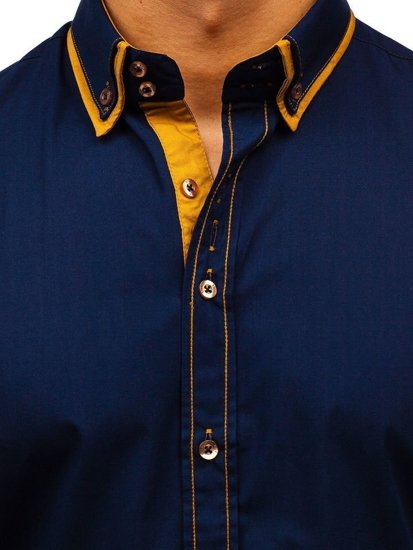 Camisa elegante de manga larga para hombre azul oscuro Bolf 3703