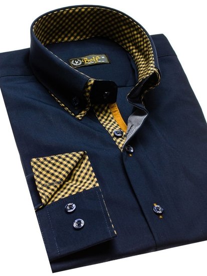 Camisa elegante de manga larga para hombre azul oscuro Bolf 4708