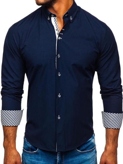 Camisa elegante de manga larga para hombre azul oscuro Bolf 5796-1