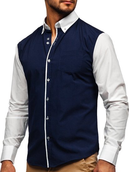 Camisa elegante de manga larga para hombre azul oscuro Bolf 6919