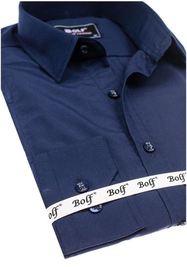 Camisa elegante de manga larga para hombre azul oscuro Bolf 6944