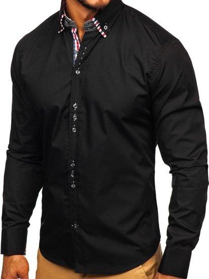 Camisa elegante de manga larga para hombre negro Bolf 0926